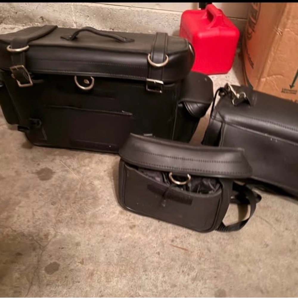 Black Leather Motorcycle Saddle Bags and Tool Pouch Set
